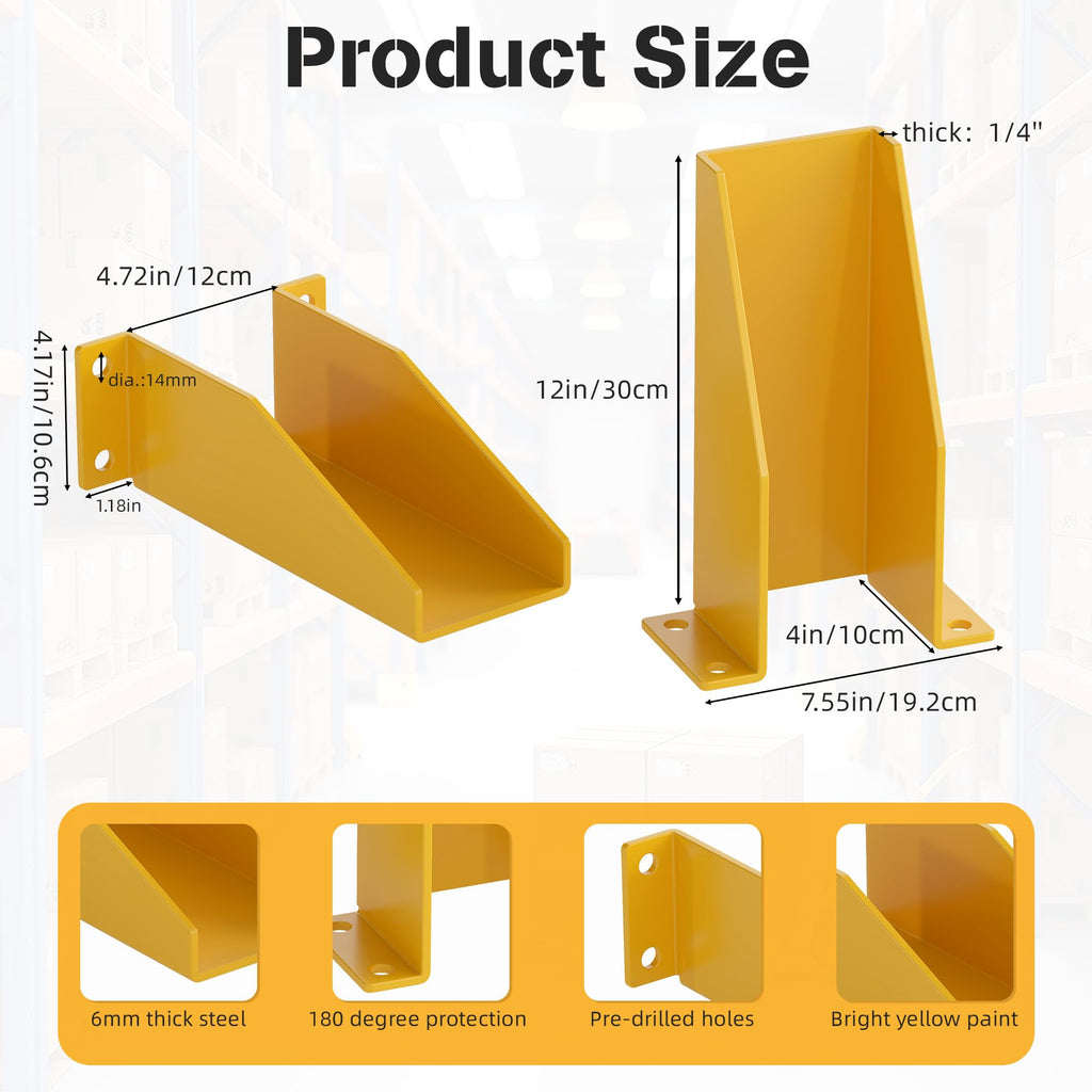 Nisorpa Pallet Rack Post Protectors, 12" Pallet Racking Guards with Hardware U Shape Safety Yellow Pallet Edge Protectors Set of 2