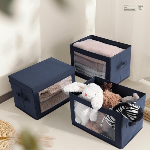 Homsorout Stackable Storage Bins - Medium Foldable Closet Organizers with Lids, 5-Pack, Navy Blue