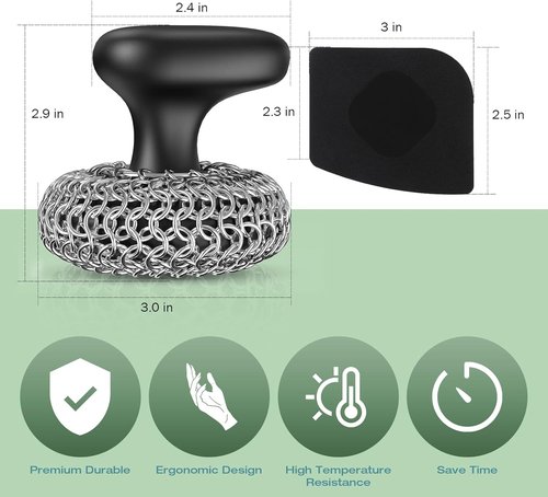 Cast Iron Scrubber - 316 Chainmail Dish Scrub Brush for Pans | Dishwasher Safe Cleaning Kit, Black