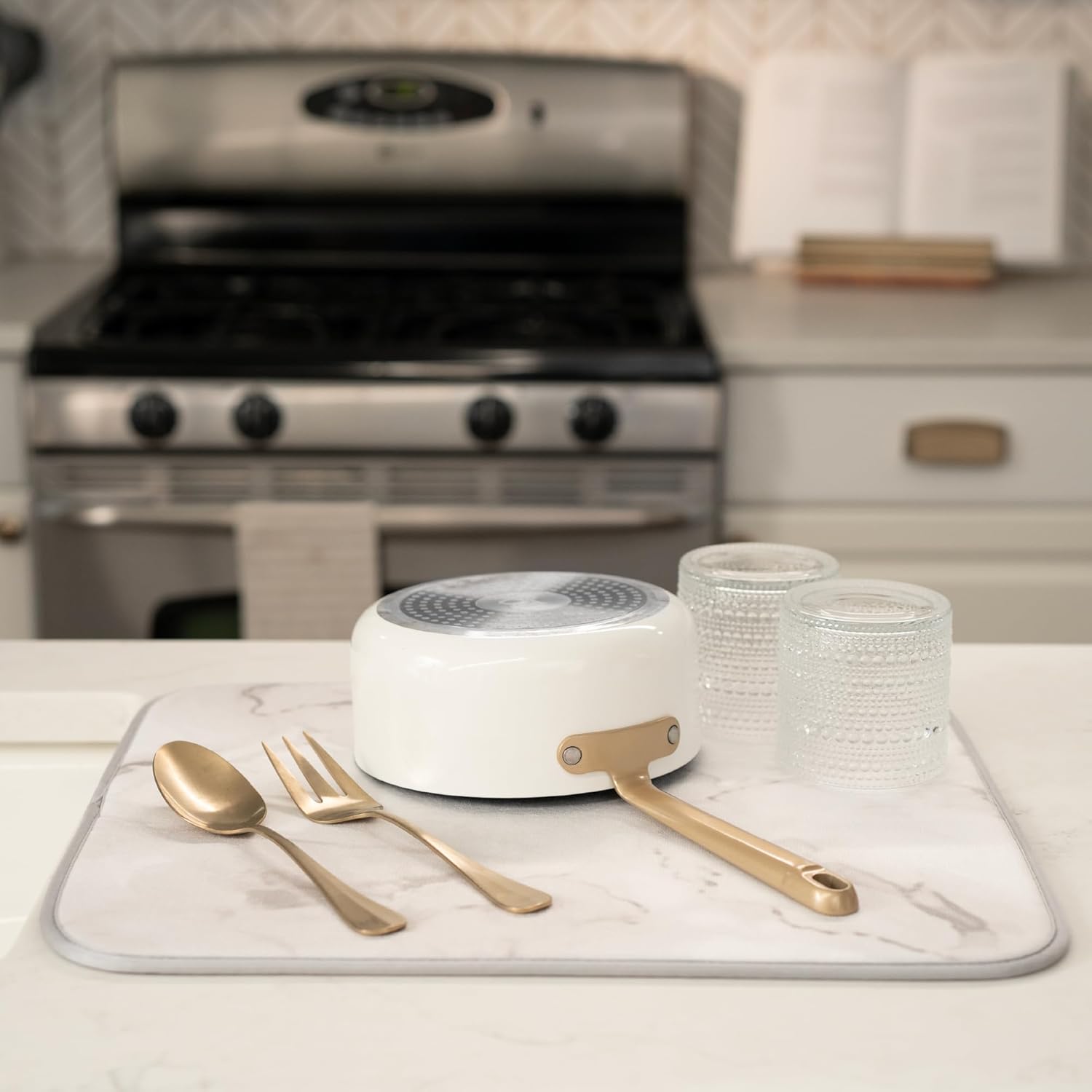 S&T INC. Dish Drying Mat - Absorbent Microfiber Kitchen Counter Pad, 16” x 18”, Large Grey Stone