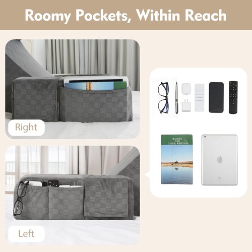 Vekkia 21" Reading Pillow with Arms and Headrest – Tall Back Support Cushion for Adults, Multi-Density Foam, Removable Cover & XL Side Pockets – for Reading, TV & Gaming in Bed & Floor 21"(Grey)