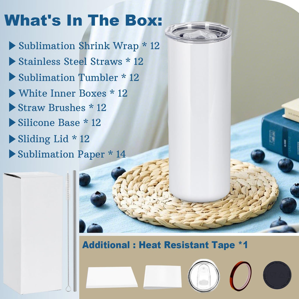 oaptuza 24 Pack 20 OZ Sublimation Tumblers Bulk, Skinny Straight White Sublimation Cups, Stainless Steel Double Wall Insulated Tumbler for Heat Transfer, Individually Boxed