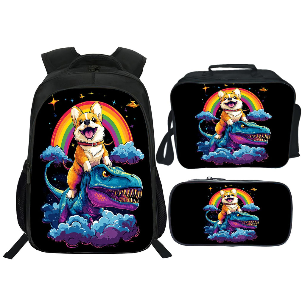 Snapjet Cute Corgi Dinosaur Backpack 3PCS 16" Preschool Elementary Schoolbag with Lunch Box Pencil Case Bookbag Set for Girls Boys Kids Children Teens School Students