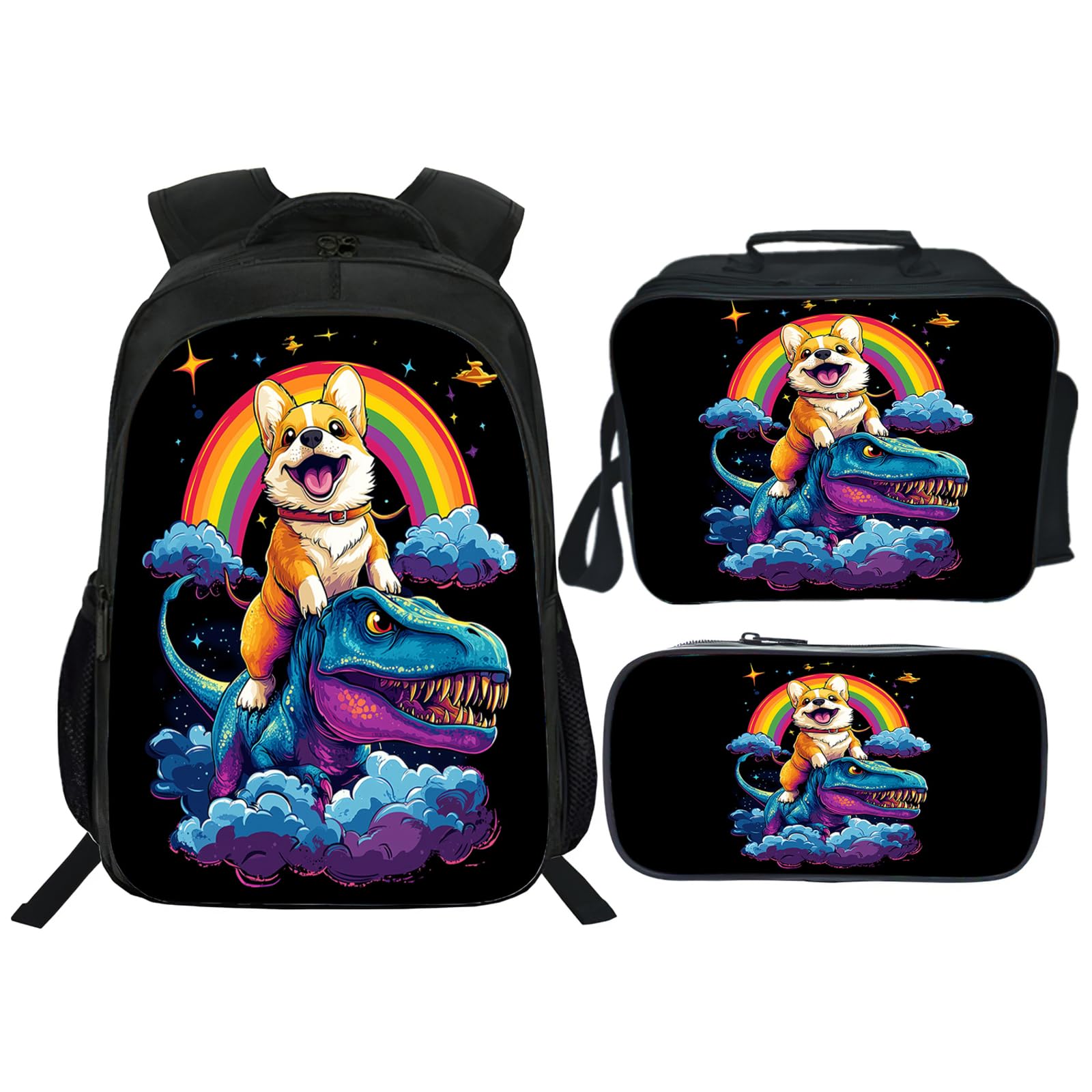 Snapjet Cute Corgi Dinosaur Backpack 3PCS 16" Preschool Elementary Schoolbag with Lunch Box Pencil Case Bookbag Set for Girls Boys Kids Children Teens School Students