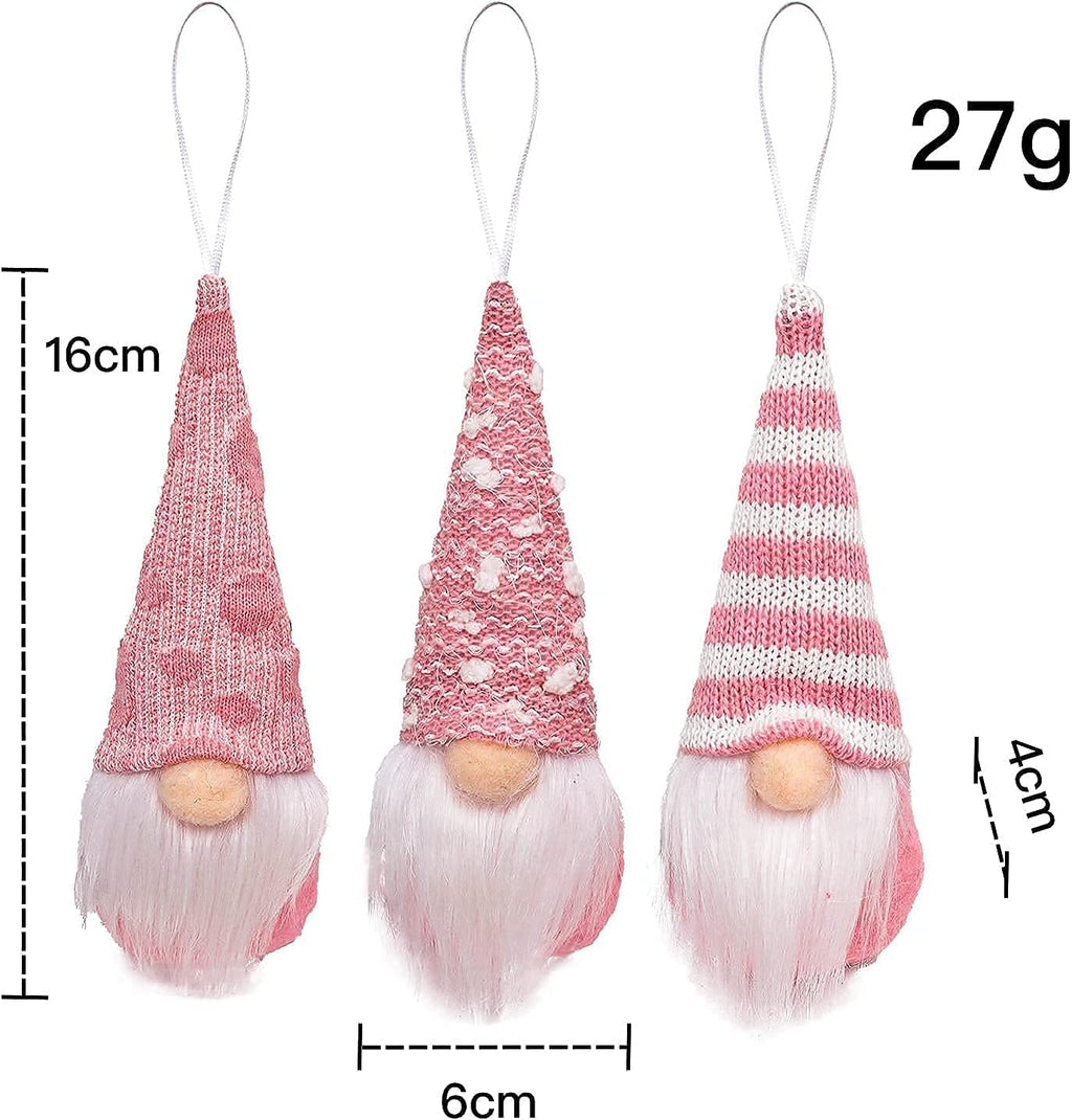 Skiennix Gnome Christmas Ornaments - Set of 3 Plush Tomte Santa Gnomes | Pink Holiday Decor
