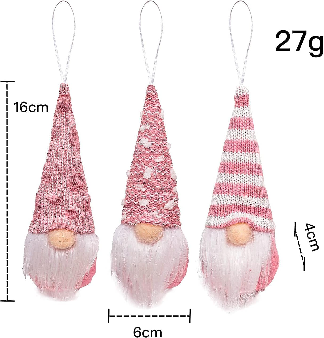 Skiennix Gnome Christmas Ornaments - Set of 3 Plush Tomte Santa Gnomes | Pink Holiday Decor