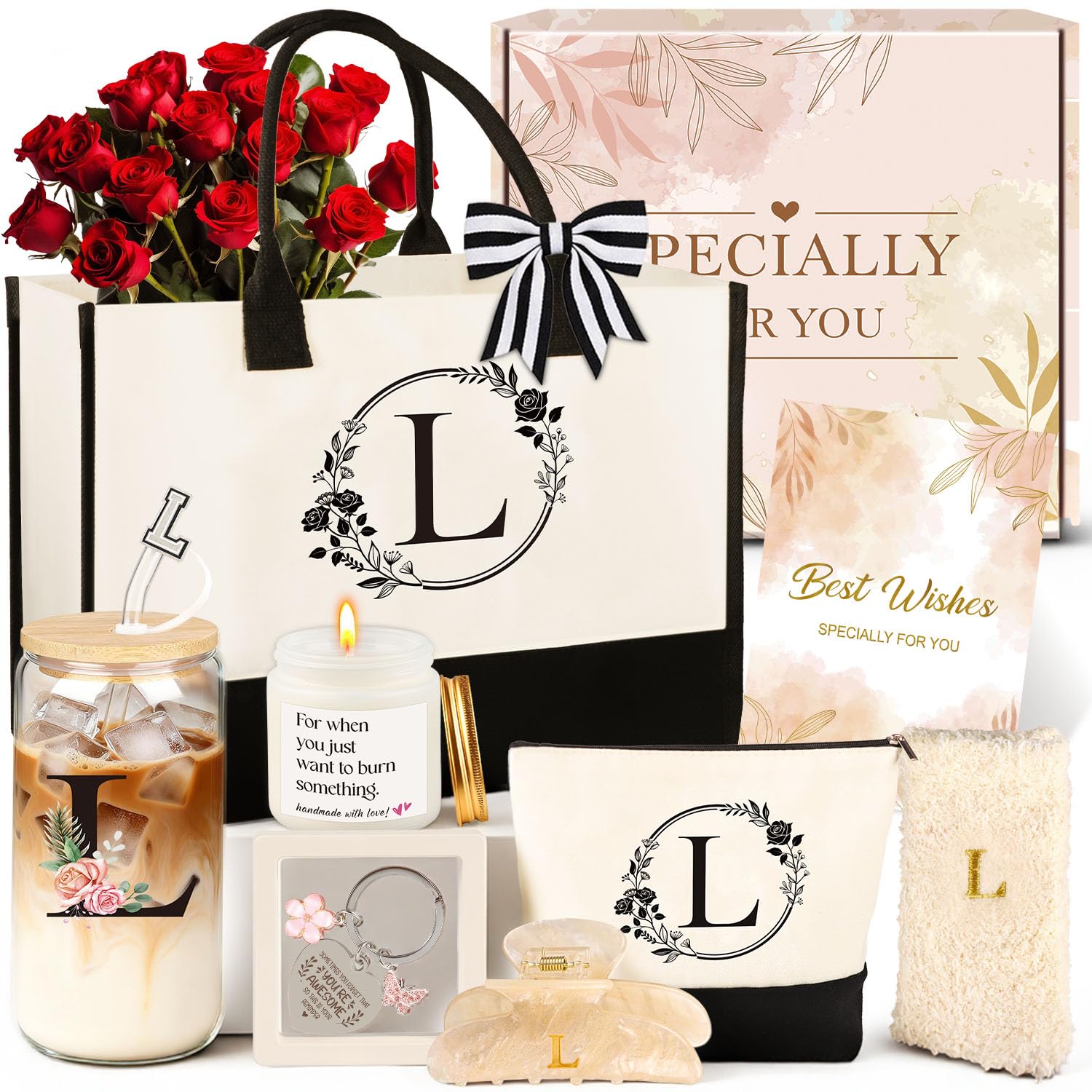 Birthday Gifts for Women, 10pcs Monogrammed Gifts for Women Initial Canvas Tote Bag, Makeup Bag, Glass Cup, Hair Clip, Candle Basket Birthday Personalized Gift for Her Woman Mom Wife Friend Teacher, L