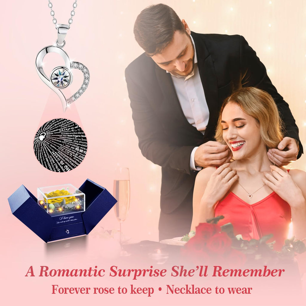 cdco Preserved Real Rose with Heart Necklace – “I Love You” in 100 Languages, Forever Romantic Anniversary Valentines Day Gifts for Her, Women, Wife, Girlfriend