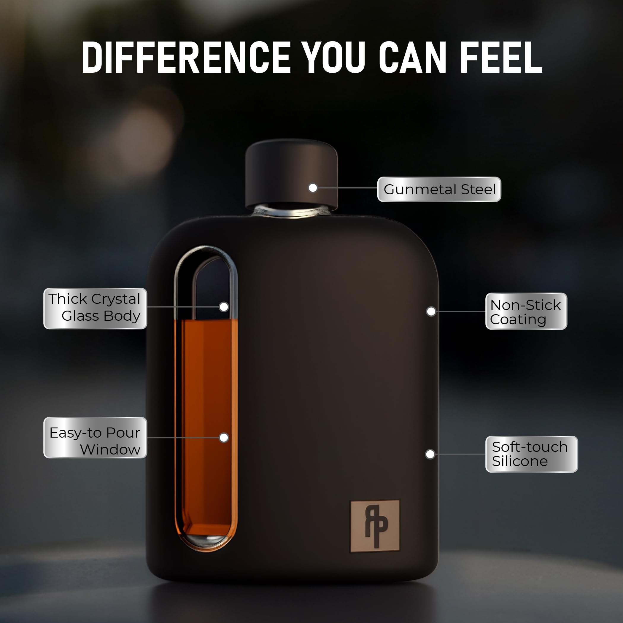 Ragproper Glass Hip Flask Set for Men – Modern Whiskey & Liquor Flasks with Cork & Silicone Lid Liner, Durable Silicone Cover, Firm Grip & Curved Edges – 100ml Single Shot and 240ml Double Shot, Black