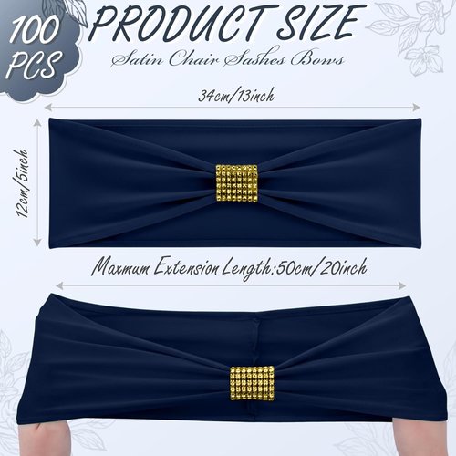 Hahafelt Spandex Chair Sashes with Rhinestone Buckle - 100 Pcs Navy Blue Bowknot Ties for Events