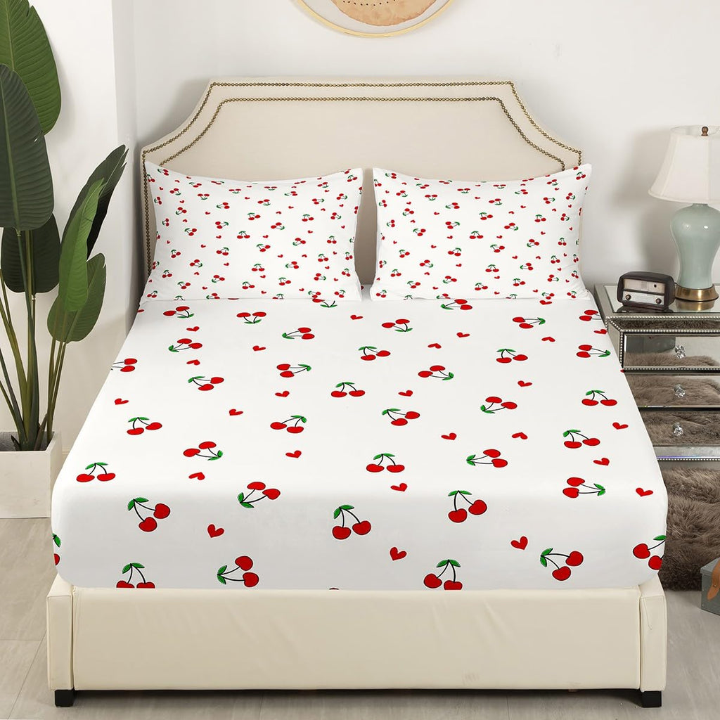 Feelyou Kids Red Cherry Fitted Sheet Queen Size, Cherry Pattern Bed Sheet Set Boys Girls Cute Fruit Bedding Set Kawaii Cartoon Fruit Teens Bed Cover Room Decor Lightweight Bed Set (No Flat Sheet)