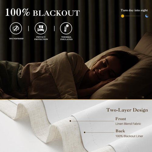 IVAPUPU Natural Pinch Pleated 100% Blackout Linen Curtains 90 Inch Length for Bedroom, Black Out Pinch Pleat Curtains for Living Dining Room Darkening Thermal Insulated Drapes with 16 Hooks, 2 Panels