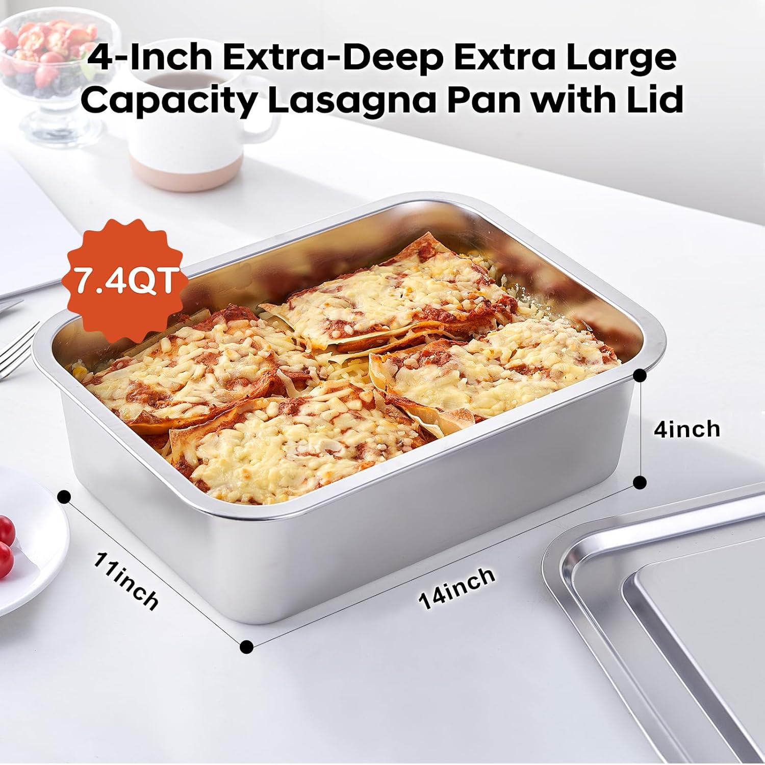 Skiennix 4-Inch Extra Deep Lasagna Baking Pan - 11x14 Inch Stainless Steel Nonstick Casserole Dish with Lid