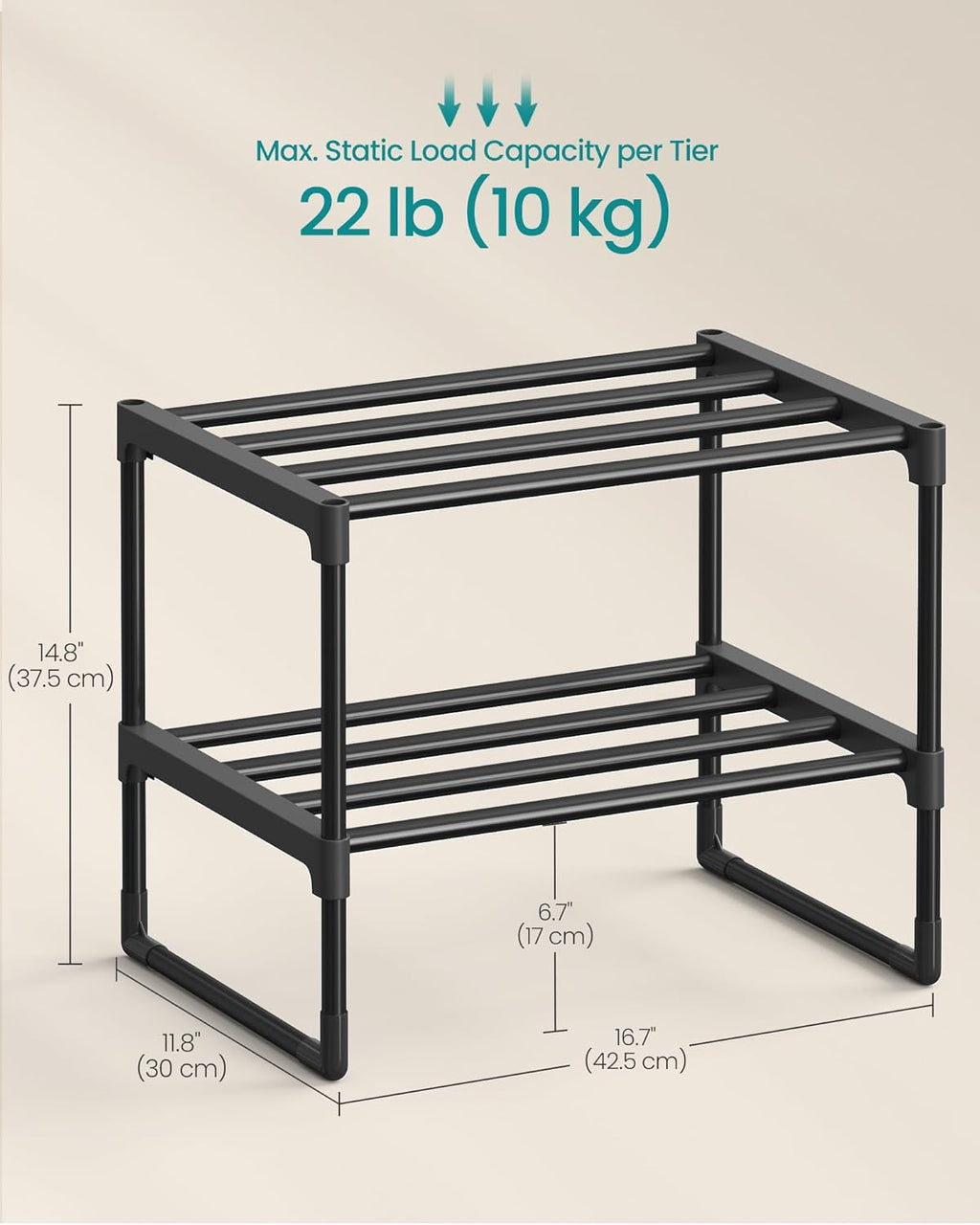 SONGMICS 2-Tier Shoe Rack - Stackable Metal Organizer for 3-6 Pairs | Black, 11.8 x 16.7 x 14.8 Inches