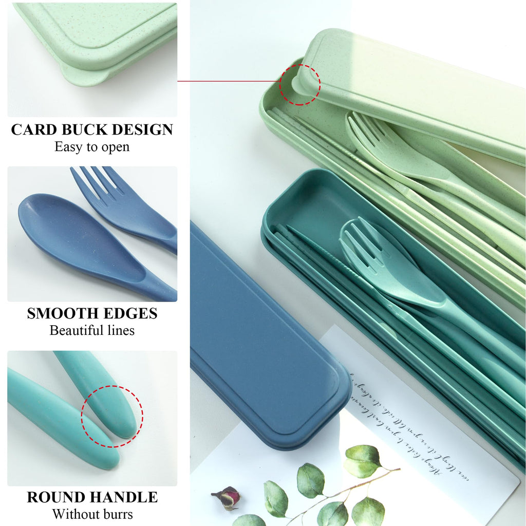 DISSKNIC Reusable Travel Utensils with Case, Green Utensil Sets for Lunch Box, Chopsticks Reusable Plastic Utensils Lunch Box Accessories for Adults,Portable Utensils Set with Case,Camping Accessories