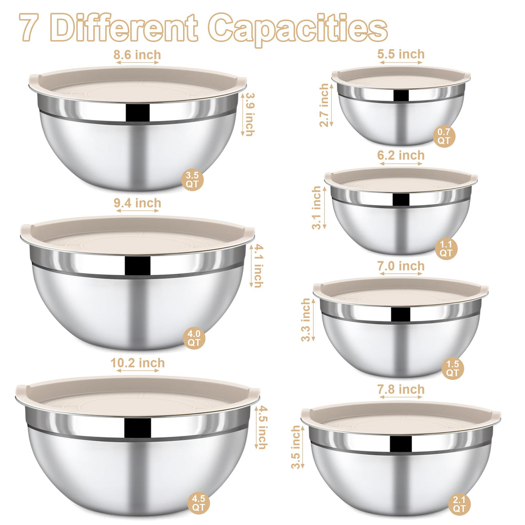 Funnydin 7 Piece Stainless Steel Mixing Bowls with Lids Set - Khaki Nesting Metal Mixing Bowls for Kitchen, Sizes 4.5, 4, 3.5, 2.1, 1.5, 1.1, 0.7 Qt for Baking, Cooking and Serving, Dishwasher Safe