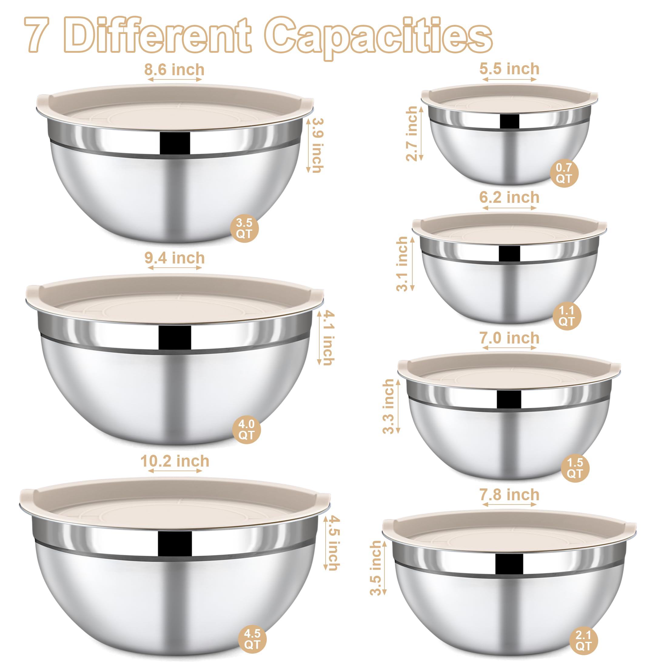 Funnydin 7 Piece Stainless Steel Mixing Bowls with Lids Set - Khaki Nesting Metal Mixing Bowls for Kitchen, Sizes 4.5, 4, 3.5, 2.1, 1.5, 1.1, 0.7 Qt for Baking, Cooking and Serving, Dishwasher Safe