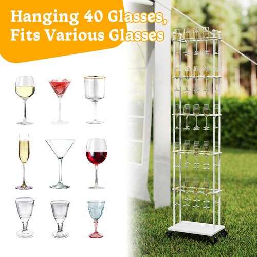lukar Champagne Wall,Champagne Wall Holder for Party,5-Tier Metal Champagne Wall Stand with Wheels,40 Wine Glass Stand for Wedding,Party,Celebration(White)