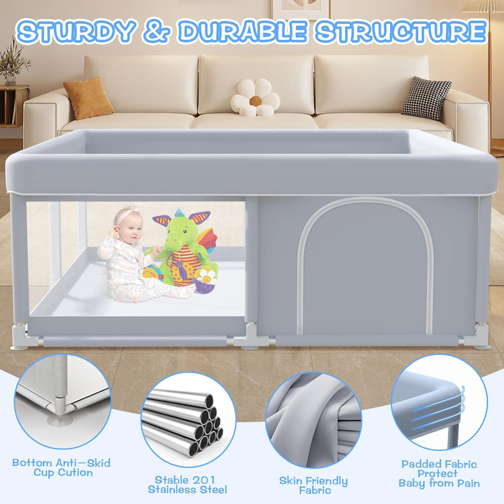 XVISHX Baby Playpen - 50 x 50 Inch Indoor & Outdoor Playard with Soft Mesh & Skin-Friendly Fabric - Grey
