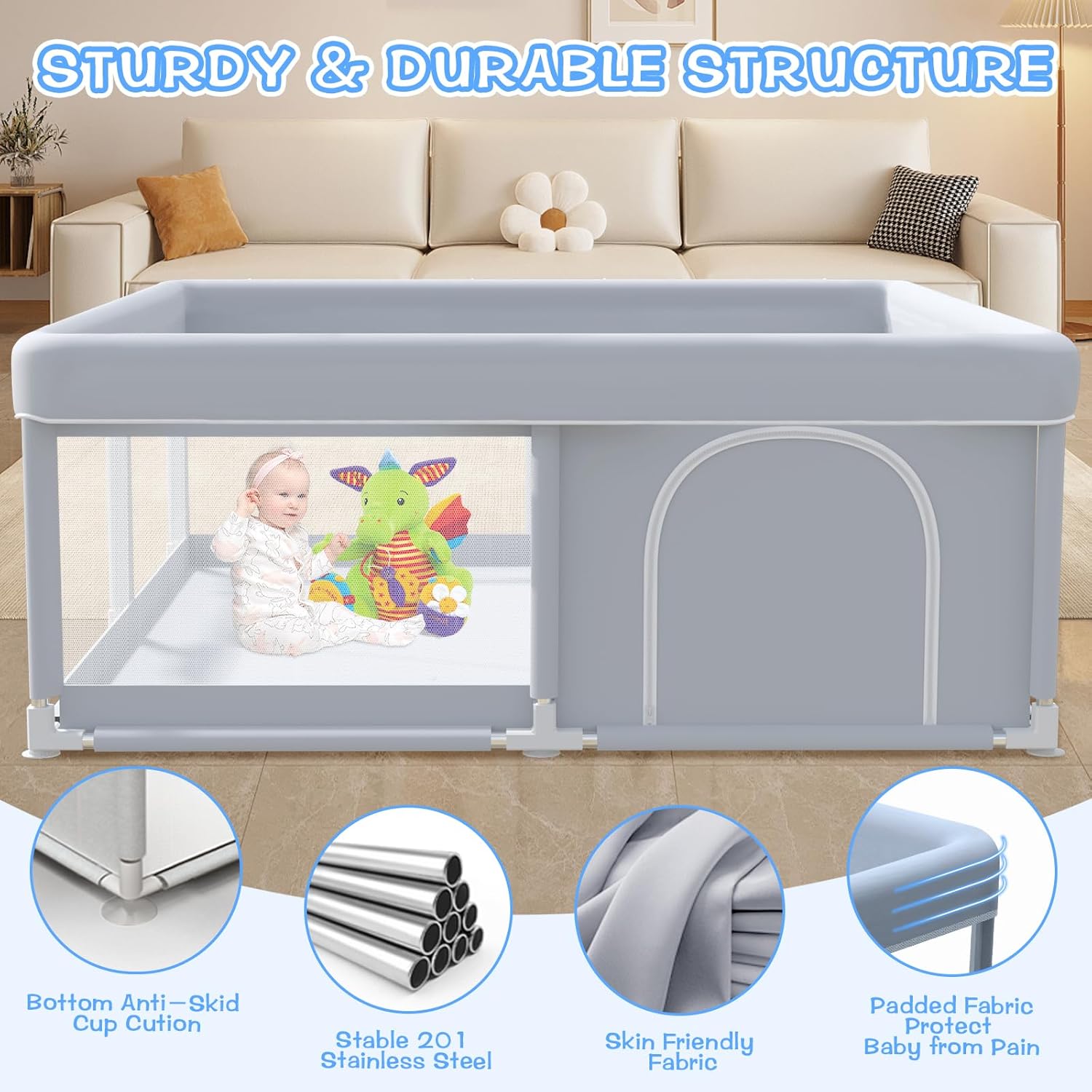 XVISHX Baby Playpen - 50 x 50 Inch Indoor & Outdoor Playard with Soft Mesh & Skin-Friendly Fabric - Grey