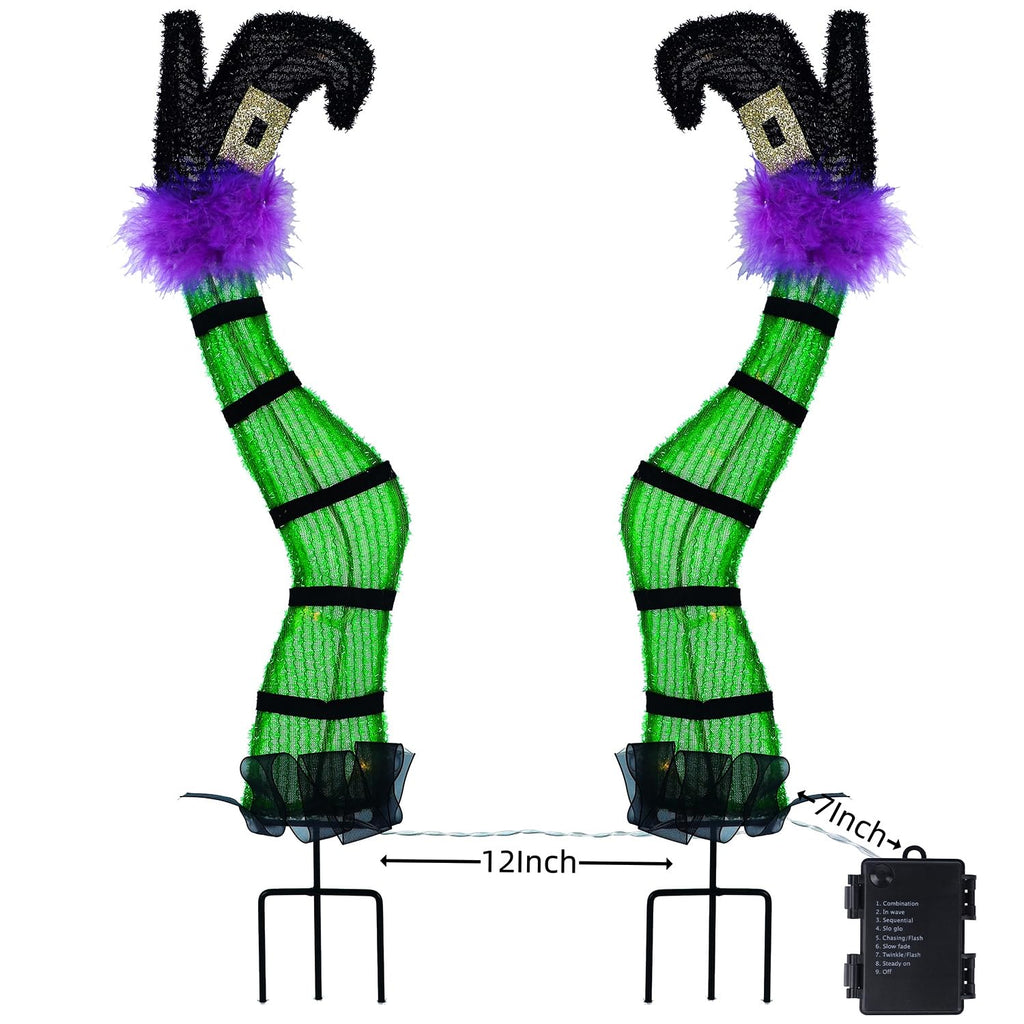 Juegoal Set of 2 Halloween Lighted Wicked Witch Legs with Stakes, 22" Light Up Tinsel Witch Prop, Halloween Yard Signs Timer & 8 Modes, Battery Operated for Outdoor Party Haunted House Garden Decor