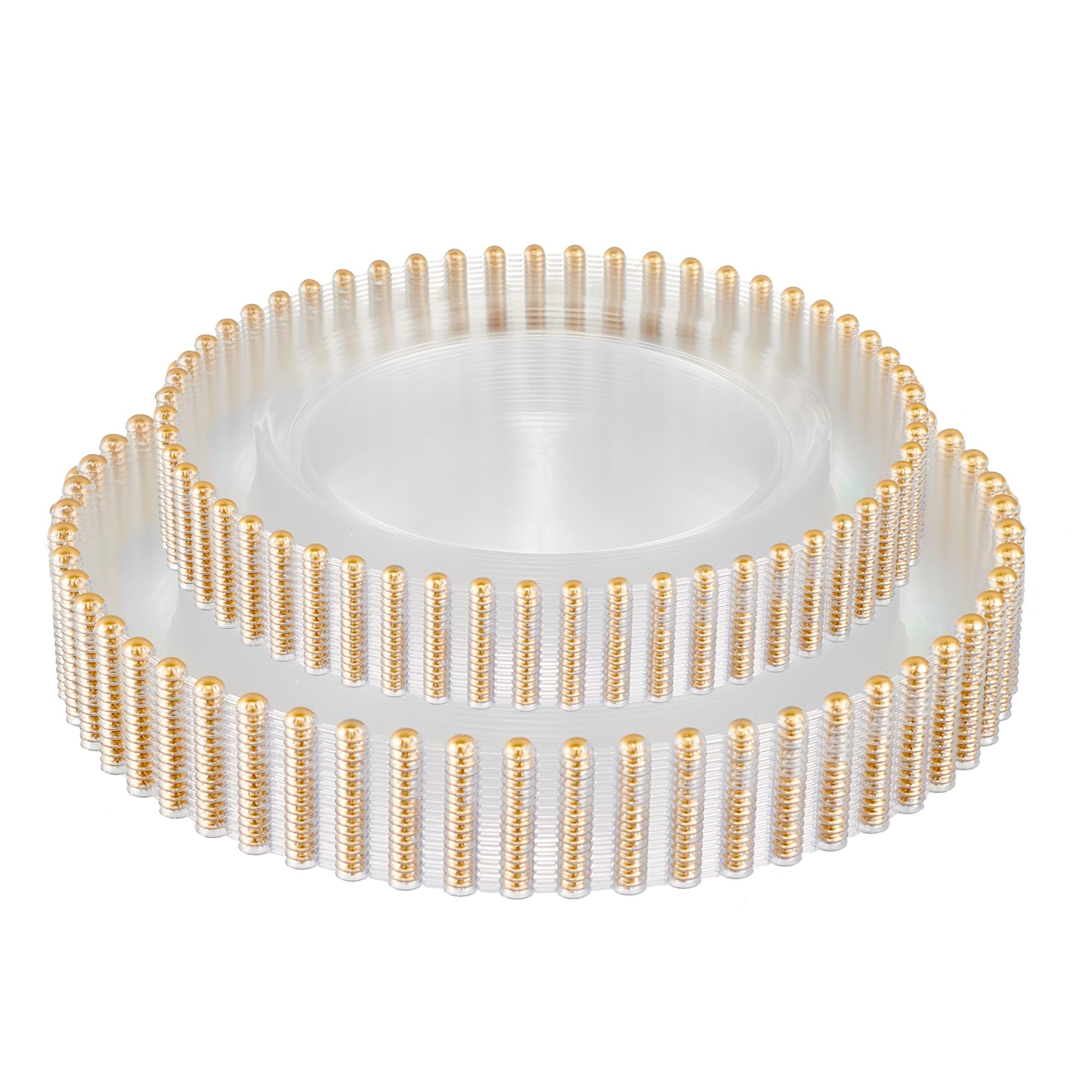 PLASTICPRO 32 Piece Combo Plastic Dinner Plates Disposable Plastic Fancy Heavy Duty Party Dishes 7 inch and 10 inch, Clear and Gold Beaded