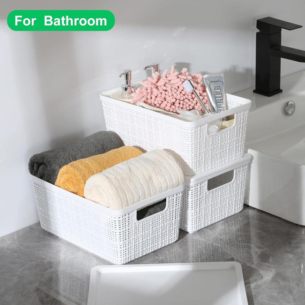 Plastic Storage Baskets by [Brand Name] - 6 Pack White Stackable Bins with Lids for Organizing Desktops & Closets