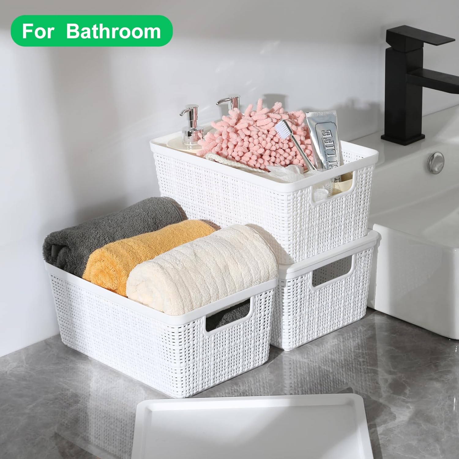 Plastic Storage Baskets by [Brand Name] - 6 Pack White Stackable Bins with Lids for Organizing Desktops & Closets