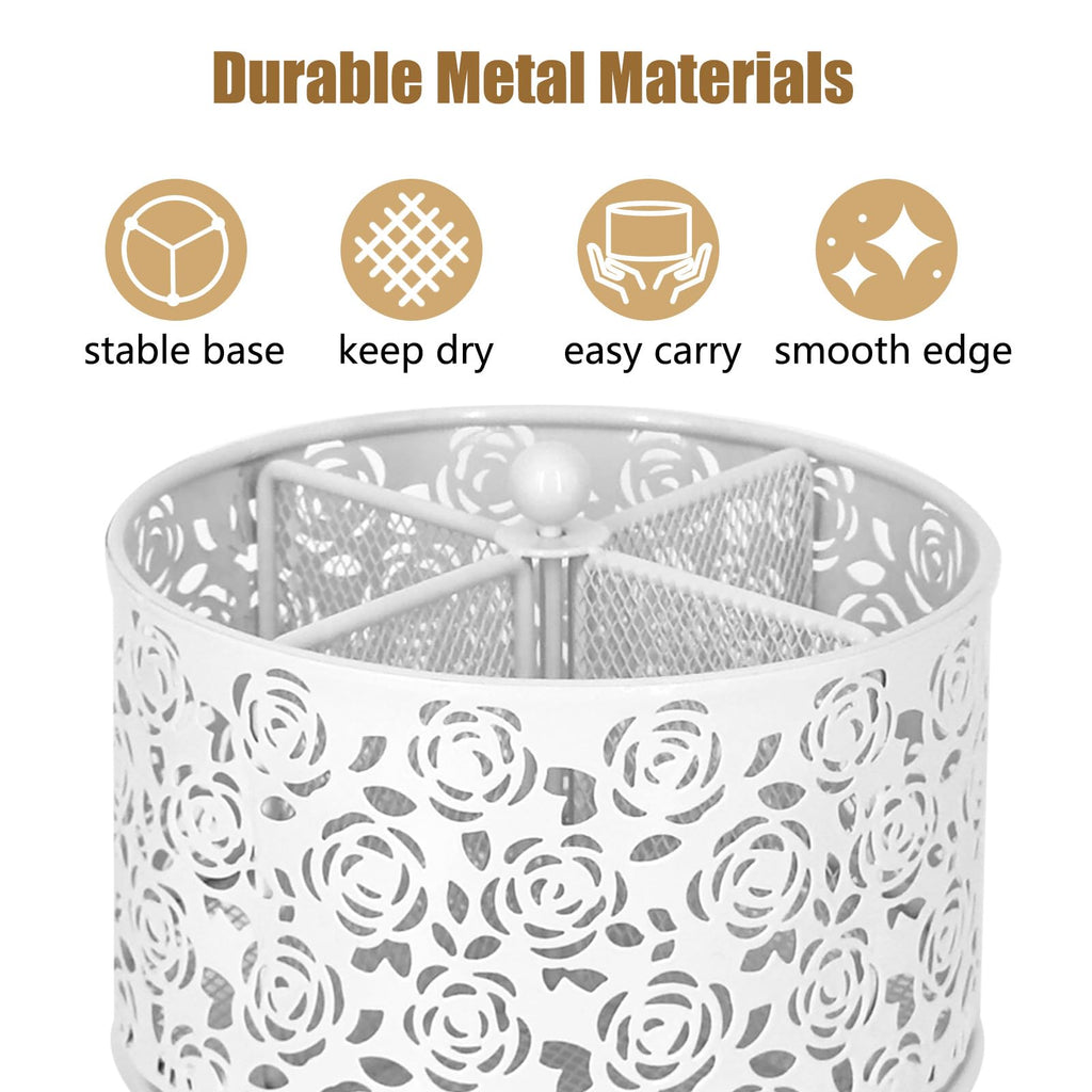 DysanVica 360° Rotating Metal Silverware Caddy - 4 Compartment Utensil Cutlery Holder Fork Spoon Napkin Organizer Flatware Storage Basket Party Countertop Buffet Picnic Camping Outdoor (White)
