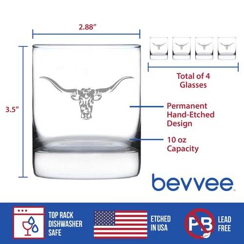 Bevvee Longhorn - Whiskey Rocks Glass - Set of 4 - Western Themed Farm Decor and Gifts for Texan Ranchers - 10.25 Ounce