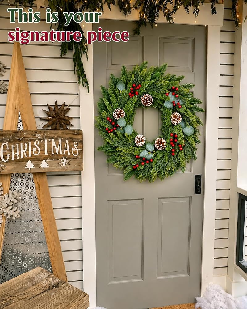24-Inch Real Touch Pine Wreath with Red Berries & Cones — Indoor/Outdoor Holiday Decor