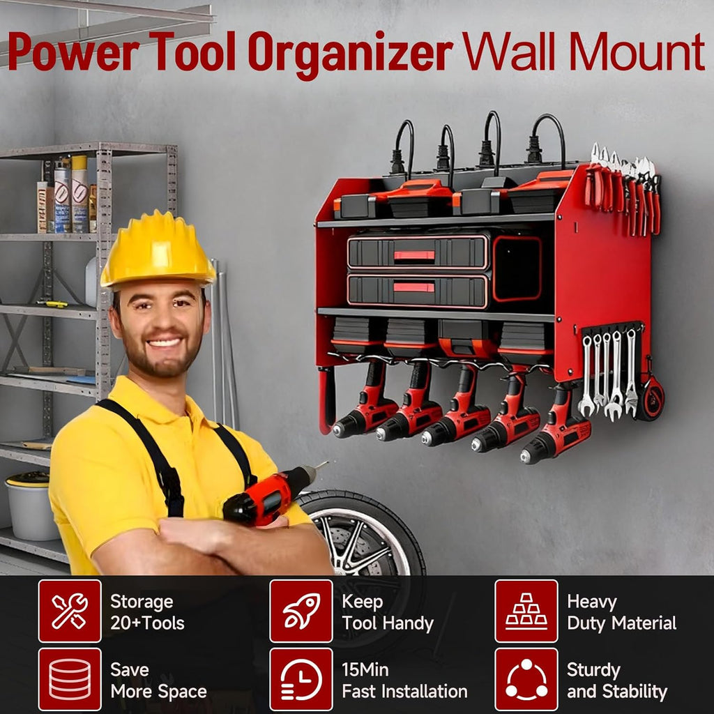 Power Tool Organizer - Heavy Duty Wall Mount Storage Rack with Charging Station | 3 Layers, 4 Drill Holders