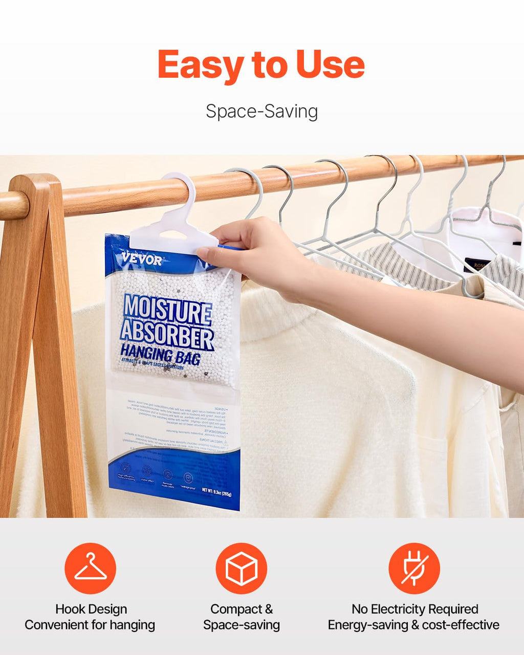 VEVOR Hanging Moisture Absorber, 9.3 oz Hanging Closet Dehumidifier Bags(10 Packs), Fragrance Free Moisture Bags in Wardrobes, Bedrooms, Bathrooms