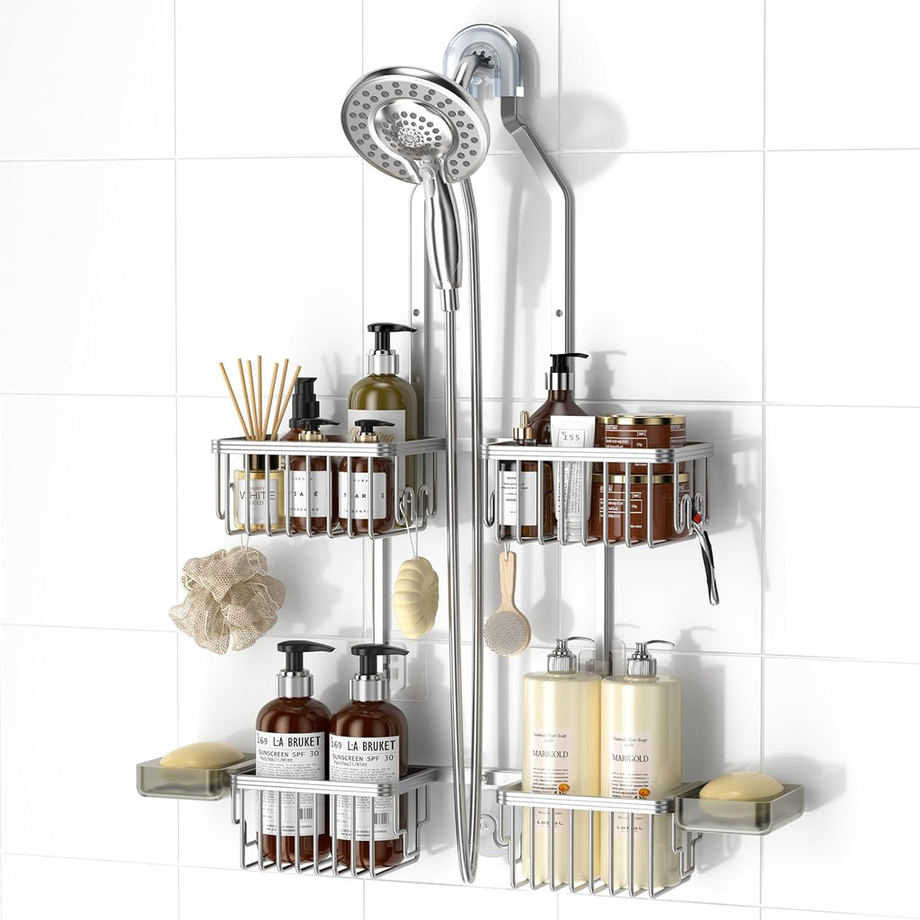 Reinhardt Aluminum Shower Caddy - Rustproof Adjustable Hanging Organizer with Hooks | Silver Finish