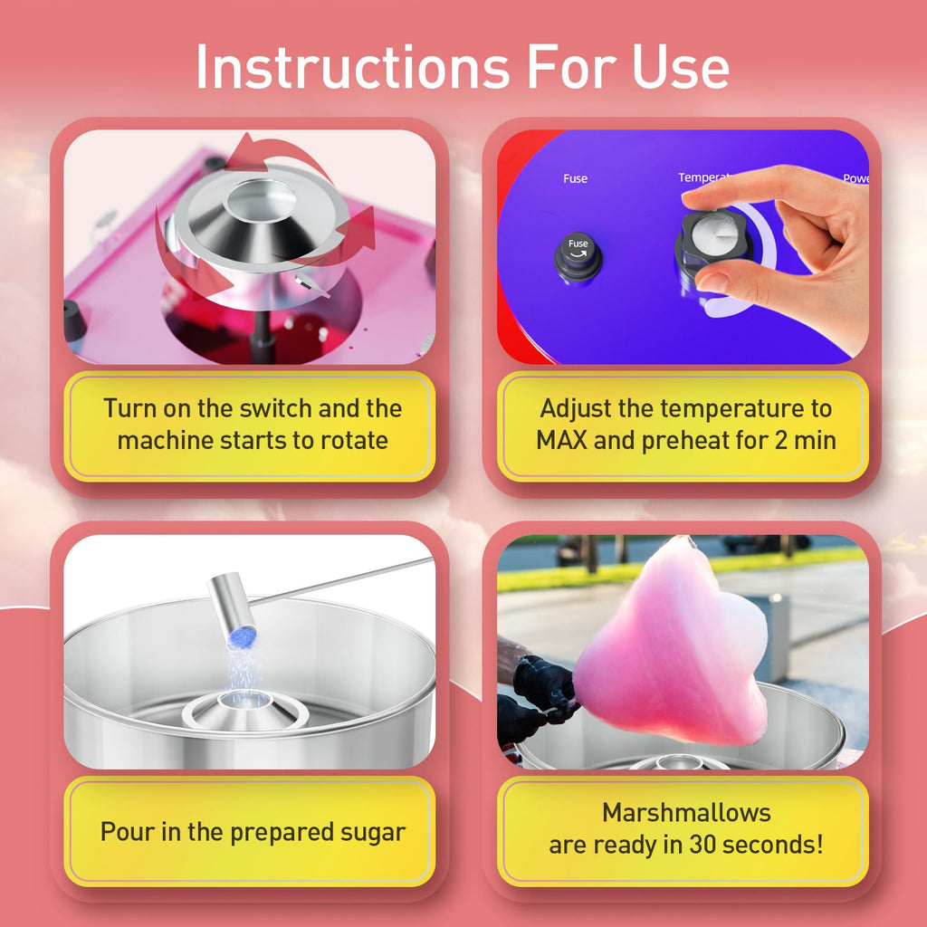 HTTSICHI Cotton Candy Machine - Cotton Candy Machine Commercial w/ 15 inch Stainless Steel Bowl, Sugar Scoop, Cotton Candy Maker for Home, Party, 1000W Hard Candy Cotton Candy Maker for Birthday
