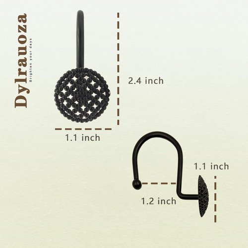 Dylrauoza Black Shower Curtain Hooks, 12 Pack Modern 3D Beaded Decorative Shower Curtain Rings, Rust Proof Heavy Duty Metal Shower Hangers for Bathroom Rods