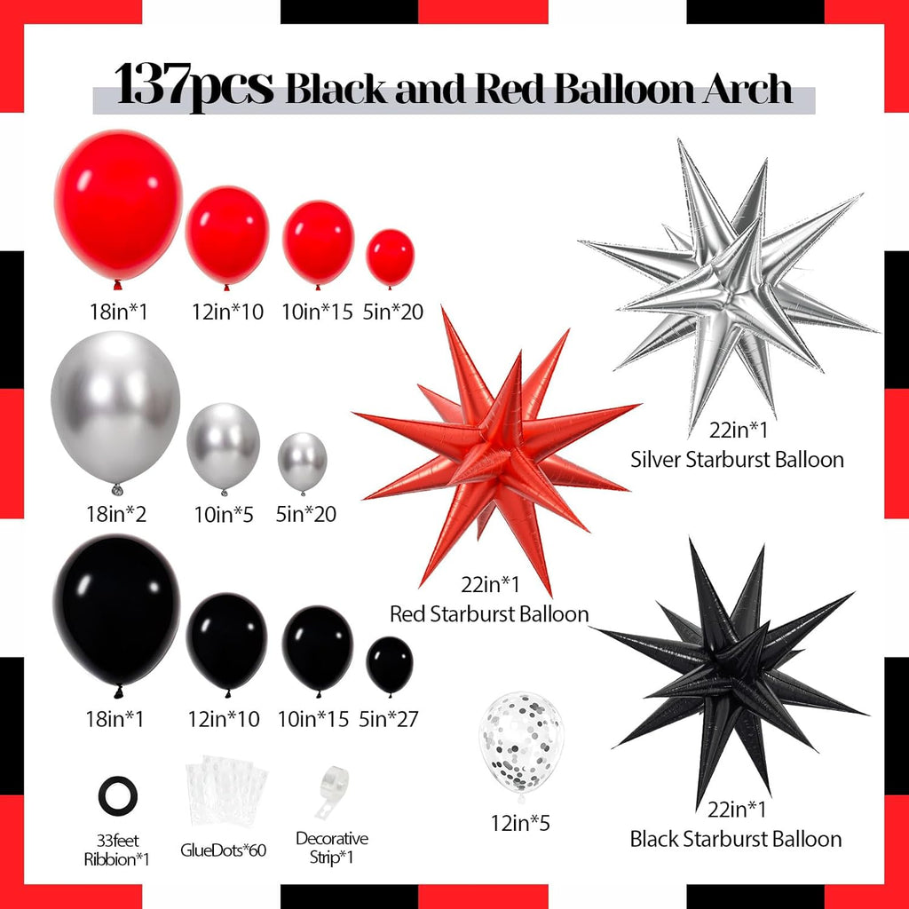 Red & Black Balloon Arch Kit - 3 Star Balloons & Garland for Birthday, Graduation, New Year Celebrations
