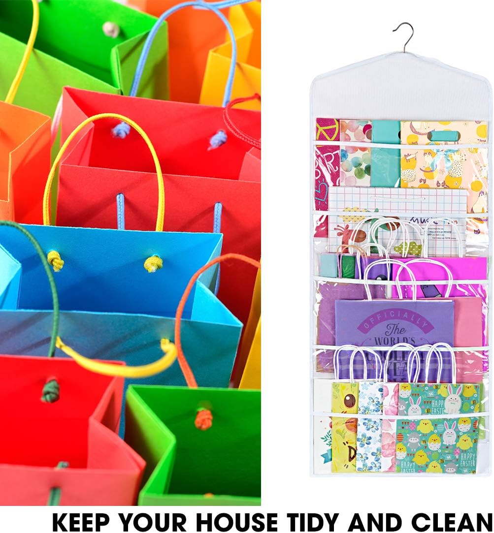 Primode Gift Bag Organizer - Double-Sided Hanging Storage with Multiple Pockets | 38 x 16 Inch (White)