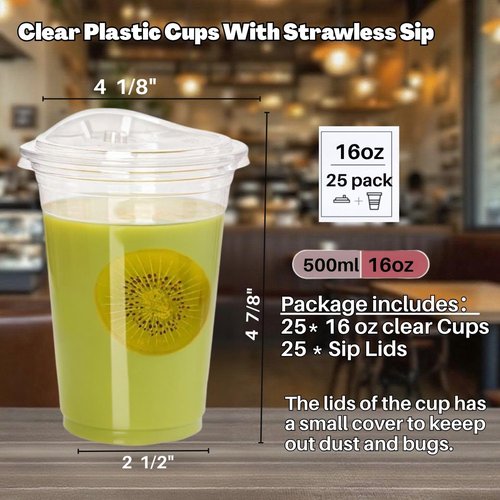 Clear Plastic Cups - 16 oz Disposable Iced Coffee Cups with Strawless Sip Lids | Perfect for Smoothies & Juices