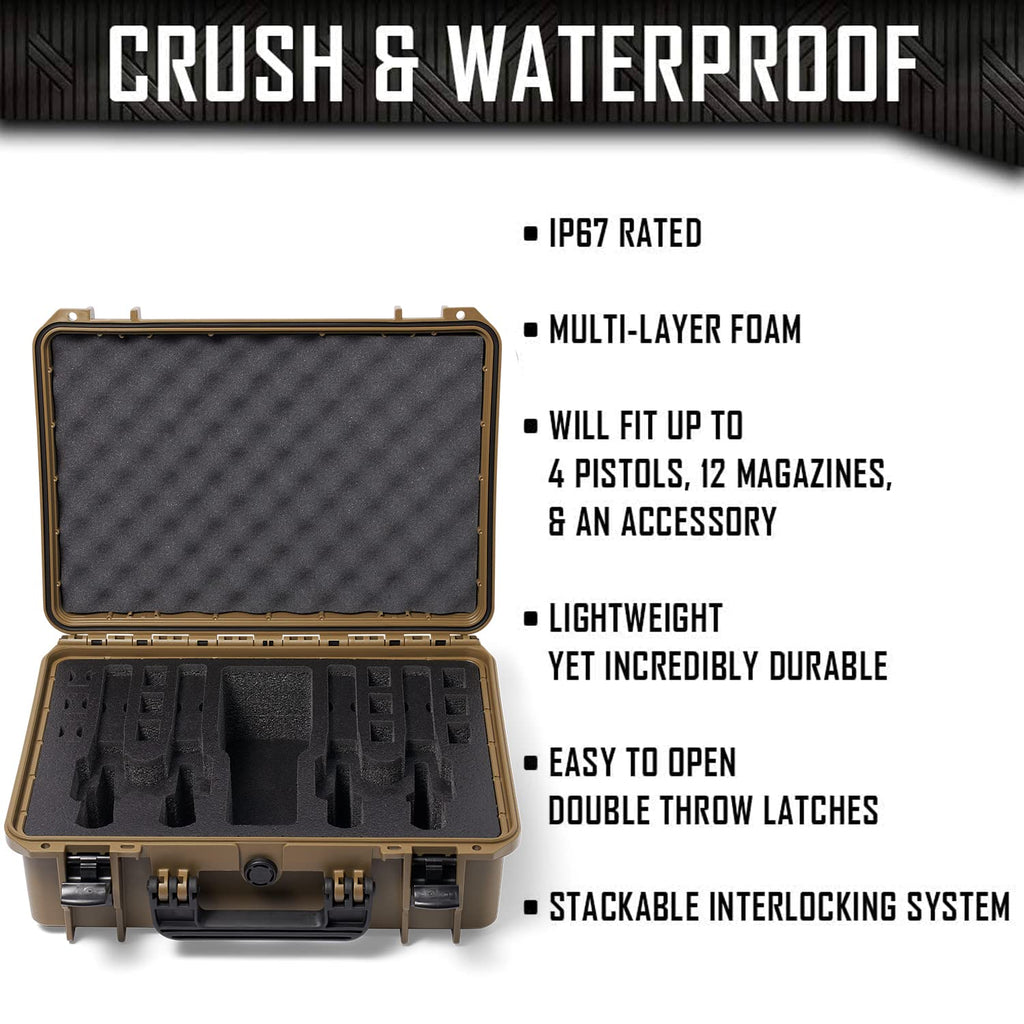 4 Pistol 12 Magazine Doro Gun Case with Custom MyCaseBuilder Foam Insert - Waterproof, Heavy Duty - Tactical Firearms, Ammunition, and Accessory Holder - Sahara Case x Black Foam - 18 x 14 x 7 Inches