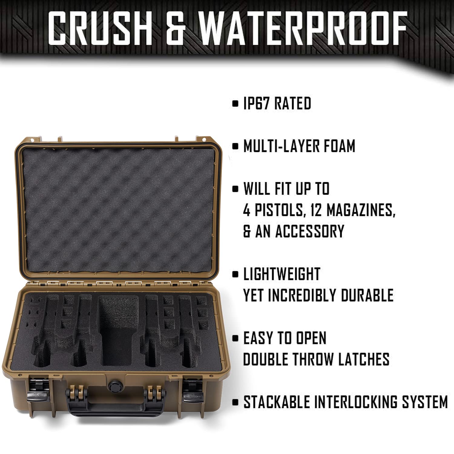 4 Pistol 12 Magazine Doro Gun Case with Custom MyCaseBuilder Foam Insert - Waterproof, Heavy Duty - Tactical Firearms, Ammunition, and Accessory Holder - Sahara Case x Black Foam - 18 x 14 x 7 Inches