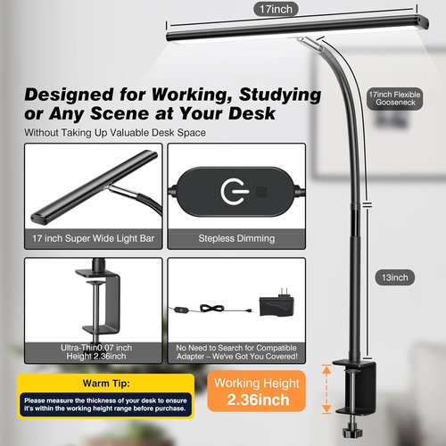 Airlonv LED Desk Lamp - Eye-Caring Adjustable Gooseneck Light with Stepless Dimming | 10W USB Clamp Lamp (Black)