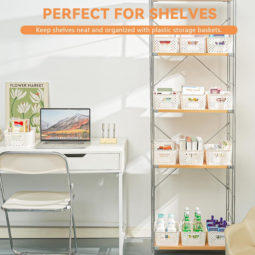 Plastic Storage Baskets - 12 Pack Organizing Bins with Handles & Labels for Home, Office, Closet
