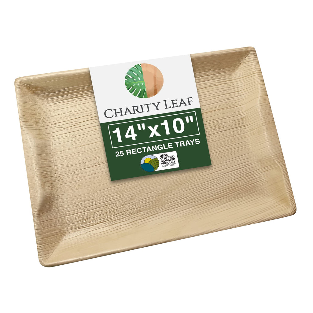 Charity Leaf Disposable Palm Leaf 14" x 10" Trays (25 Pieces) Bamboo Like Serving Platters, Disposable Boards, Eco-Friendly Dinnerware for Weddings, Catering, Events