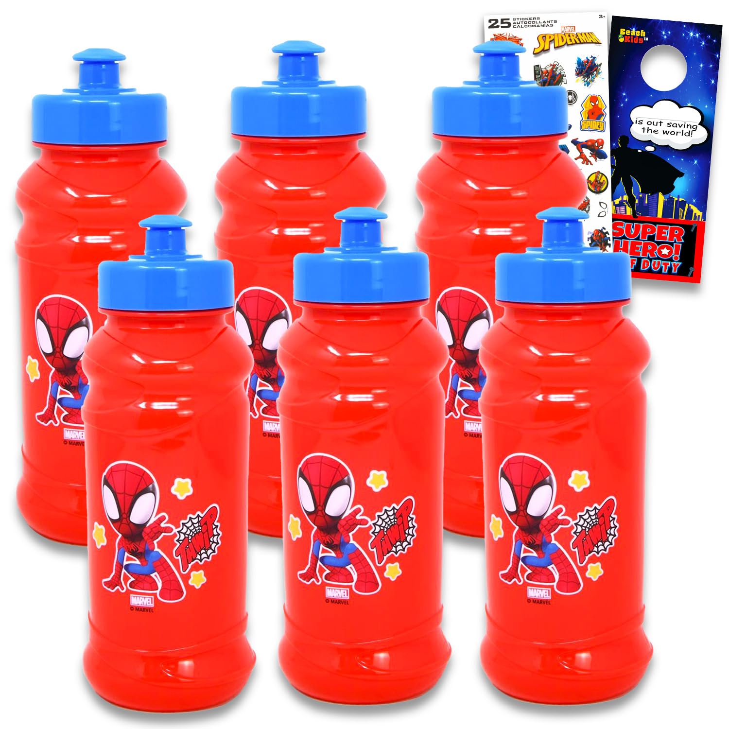 Spidey Reusable 16 oz Water Bottle Set - Spiderman Dinnerware Bundle with 6 Reusable Cups, Stickers, More | Spidey and Friends Party Favor Supplies