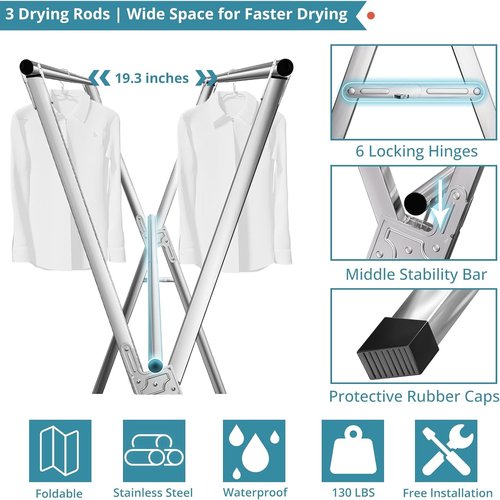 JAUREE Clothes Drying Rack - 79 Inches Heavy Duty Stainless Steel | Foldable Indoor/Outdoor with 20 Windproof Hooks