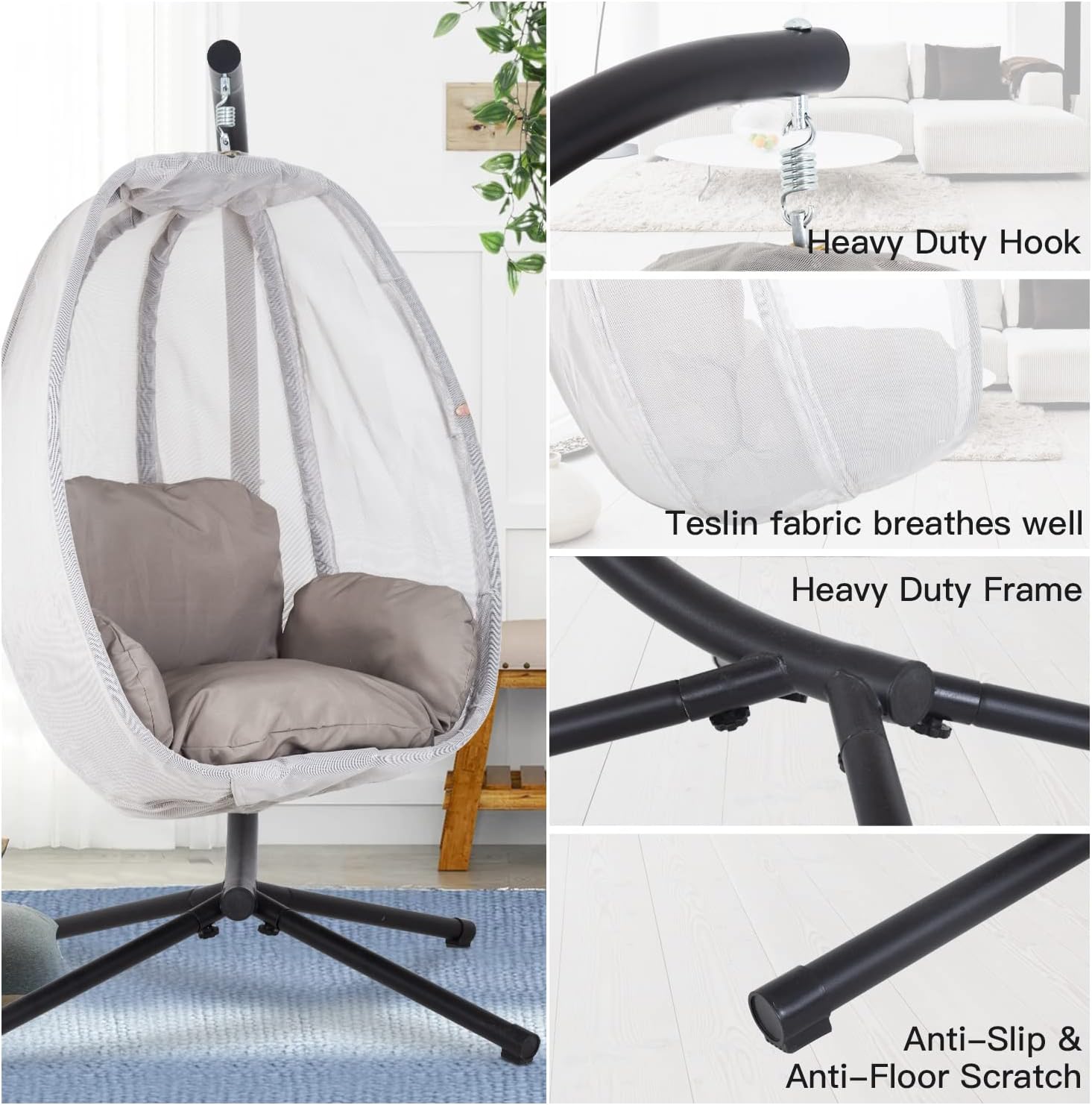 Skiennix Swing Egg Chair - Comfortable Hammock Chair with Metal Stand & Cushion | Gray, 400LBS Capacity