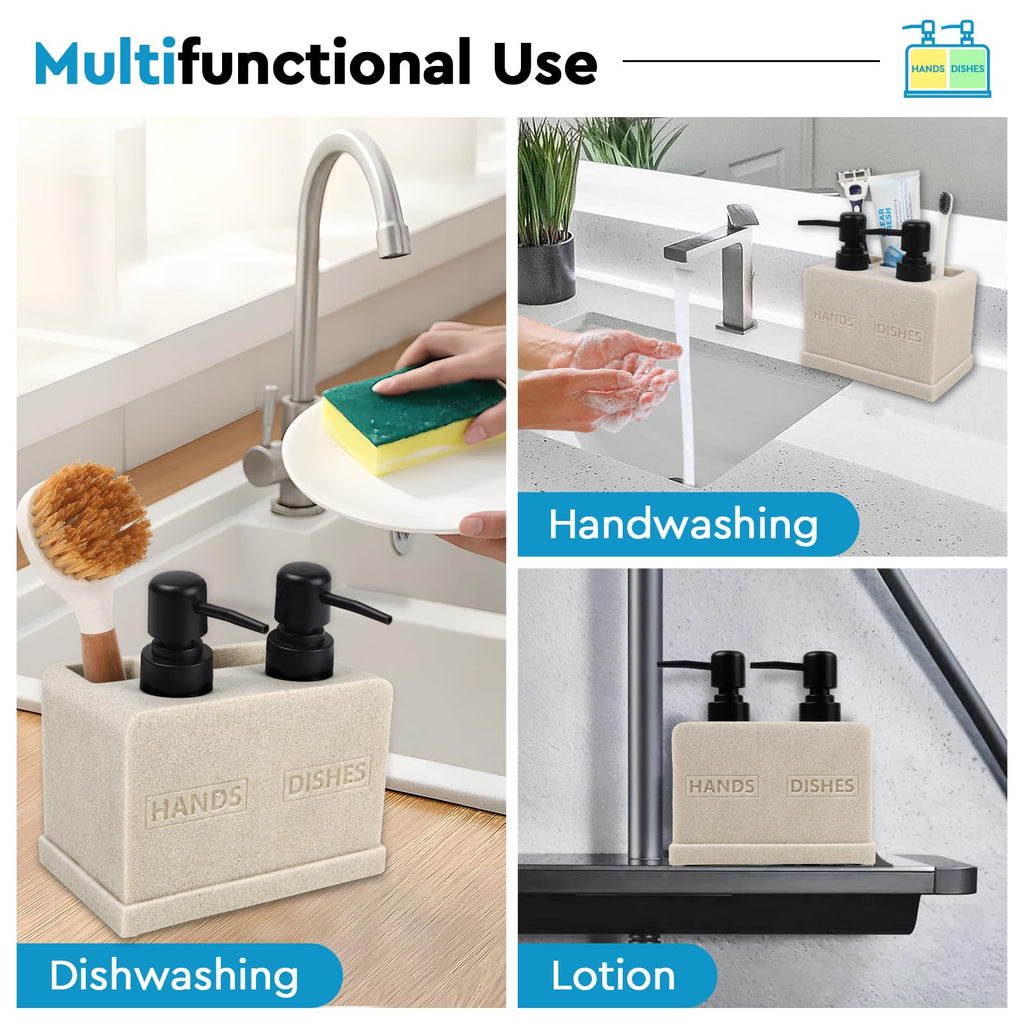 Hand and Dish Soap Dispenser Set for Kitchen Sink,Dual Soap Dispenser with Sponge Caddy and Brush Holder 4-in-1 Countertop Organizer for Kitchen Bathroom,Useful Kitchen Gadgets-Beige