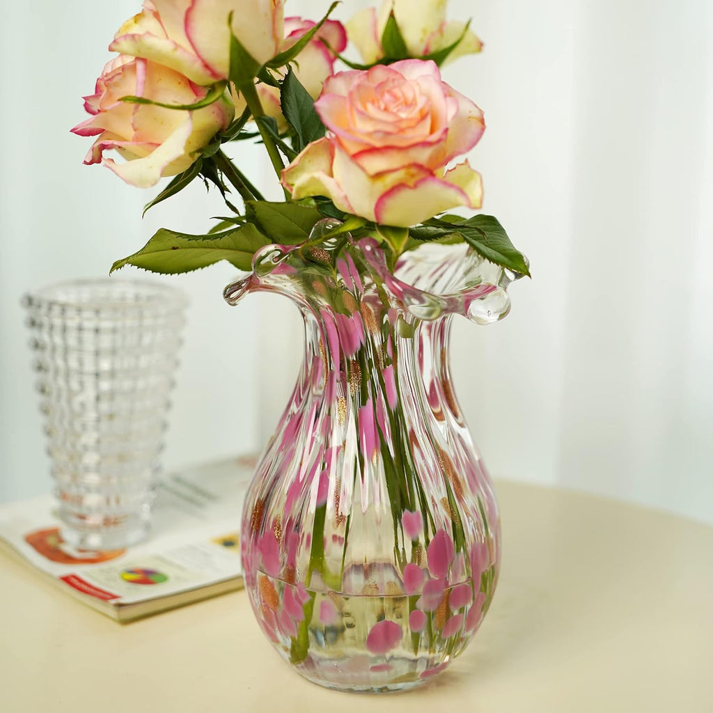 QFkris Handblown Glass Vase - Modern Pink Petal Flower Vase for Home Decor | 8.5 Inch Tall Centerpiece
