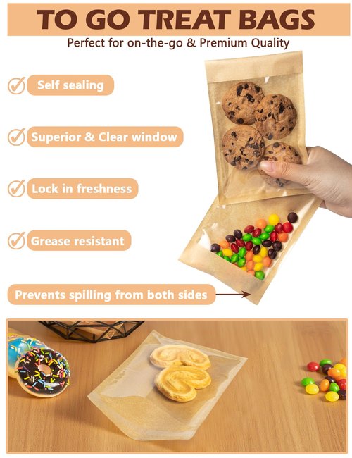 100 Pack Self Sealing Cookie Bags with Seal, 4x6 Inch Cookie Bags with Window for Gift Giving, Grease Resistant Bakery Treat Packaging for Candy, Snack, Scone, Brownie, Small Pastries and other Treats